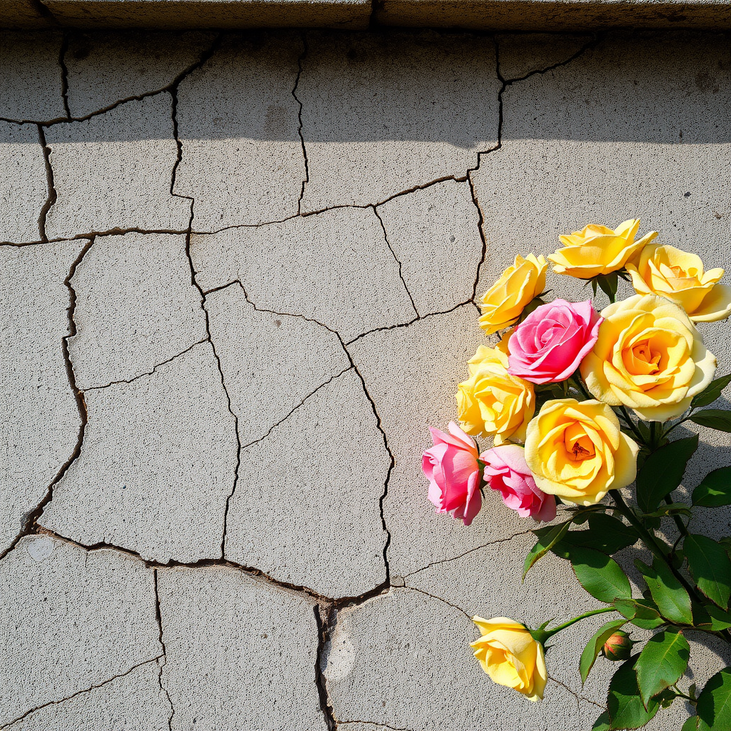 create a high-resolution image of cracked concrete wall with a floral border of pink and yellow roses, using a DSLR camera with a 50mm lens, aperture set to f/2.8, ISO 100, 1/125 sec shutter speed, taken from a straight-on perspective, with natural lighting for enhanced detail and texture.