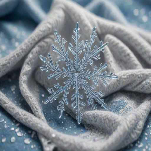 High-resolution close-up of a snowflake resting on the woolen fabric of a scarf, its delicate crystal structure perfectly formed, with soft blue and white light reflecting off the surrounding snow.