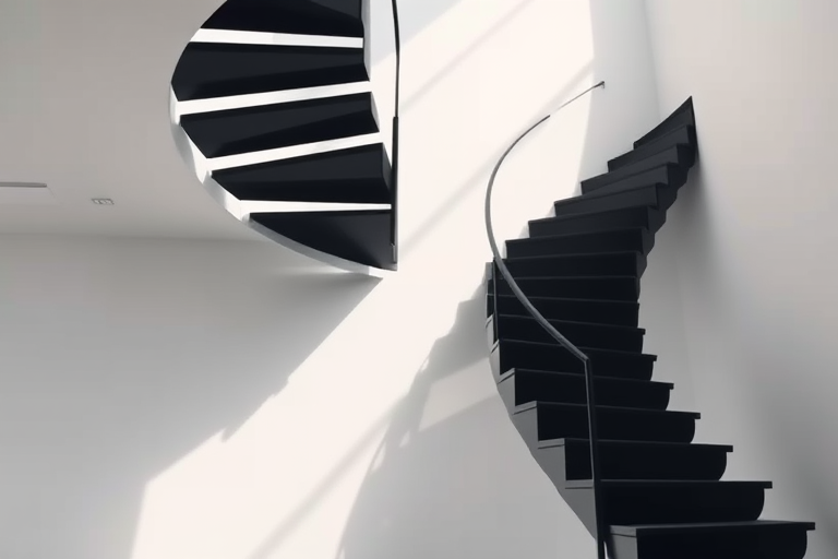 regenerate an image of a modern spiral staircase with black steps, elegant lighting creating shadows on a white wall, minimalistic design