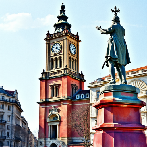 Create an artistic watercolor illustration of a statue in a cityscape with a prominent clock tower in the background, using a Canon EOS 5D Mark IV camera with a 24-70mm f/2.8 lens, aperture set to f/8, ISO 100, and a wide-angle view to enhance depth and color vibrancy.