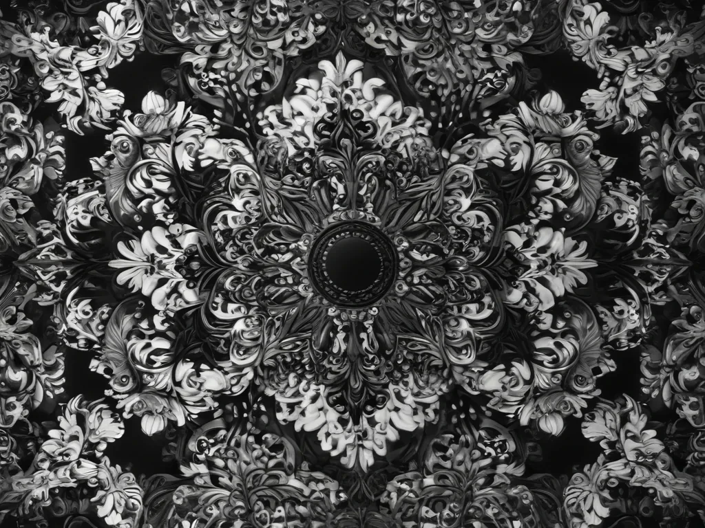 Intricate Black and White Floral Pattern with Swirling Designs and Details