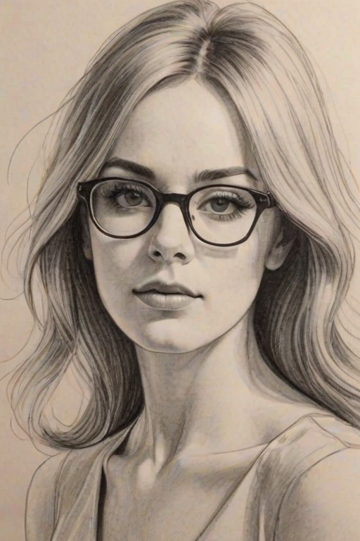 Appealing Andrea Bowen, pencil sketch, portrait of Graceful woman 1968s in glasses, hair style beatnik, outline, clear lines, fine lines, 8k