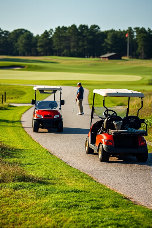 Create an image of two golf carts on a path in a golf course setting, with a golfer standing nearby, capturing the scene in natural lighting, using a DSLR camera with a 50mm lens, f/2.8 aperture, ISO 100, and a shallow depth of field to enhance details in the foreground and background.