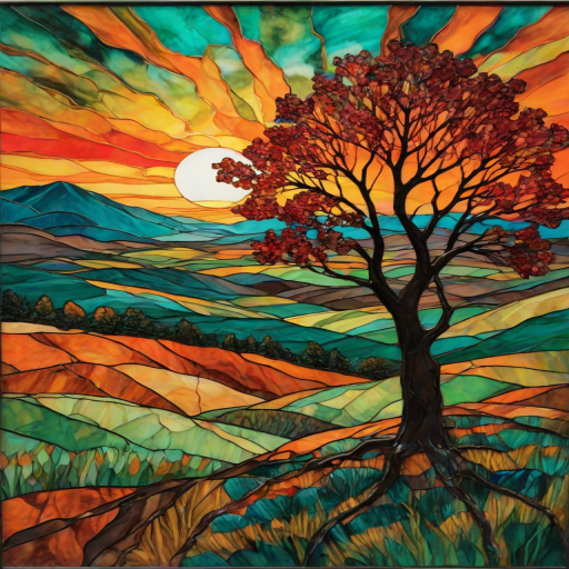 A vibrant abstract painting on Tiffany Glass, blending acrylic and alcohol ink techniques, captures a dramatic sunset over rolling hills. The artwork features a textured, rocky foreground in green and brown, layered abstract hills, and a striking sunset in rich oranges, yellows, and reds. A solitary black tree with intricate branches contrasts against the fiery sky, creating a dynamic and expressive portrayal of a breathtaking natural scene.