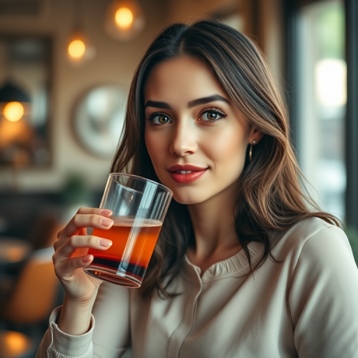 Portrait of a woman sipping a drink in a stylish interior setting with soft natural lighting, f/2.8 aperture, shutter speed 1/125 sec, ISO 200, 50mm lens, shallow depth of field, focus on the subject, warm color tone, cinematic style, full-frame DSLR camera.