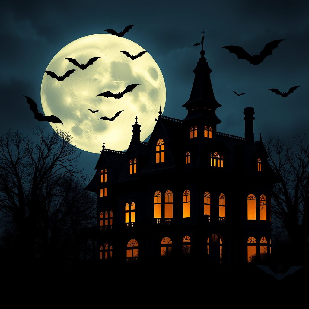 A dark and eerie haunted mansion illuminated by glowing windows with an oversized full moon in the background surrounded by flying bats and silhouetted trees in a moody twilight setting.