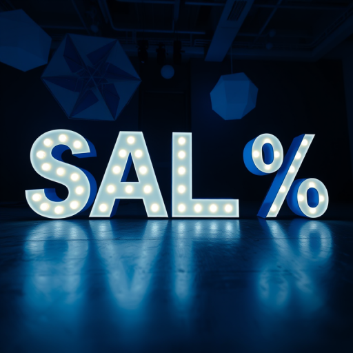 Create a high-resolution image of glowing 3D text that says "SALE %" in a dark environment, illuminated by a soft blue light, with multiple geometric shapes in the background, using a DSLR camera at f/2.8, ISO 100, 50mm lens, and a low-angle view for dramatic effect.