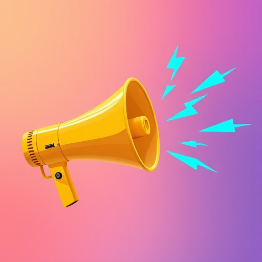 Create a vibrant illustration of a yellow megaphone with sound waves represented by blue lightning bolts, captured with a high-resolution DSLR camera, 50mm lens, f/2.8 aperture, natural lighting, and a soft focus background.