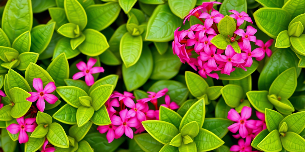 Create a vibrant floral border with lush green leaves and clusters of bright pink flowers, shot with a Canon EOS R5 at f/2.8, ISO 100, 50mm lens, in macro photography style for enhanced detail and clarity.