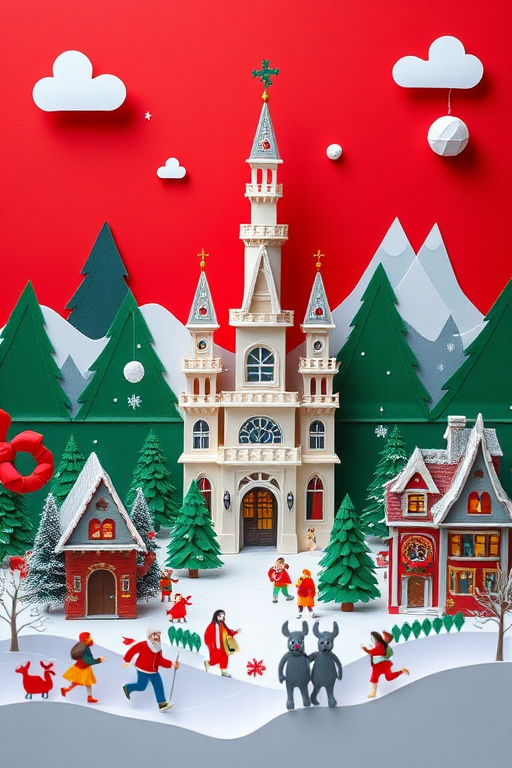 Create a vibrant paper cut-out scene featuring a whimsical village with a central ornate castle, surrounded by evergreen trees and playful characters engaging in festive activities, captured with a Canon EOS R5 at f/8, ISO 200, 1/125 sec, using a wide-angle lens to enhance depth and color richness.