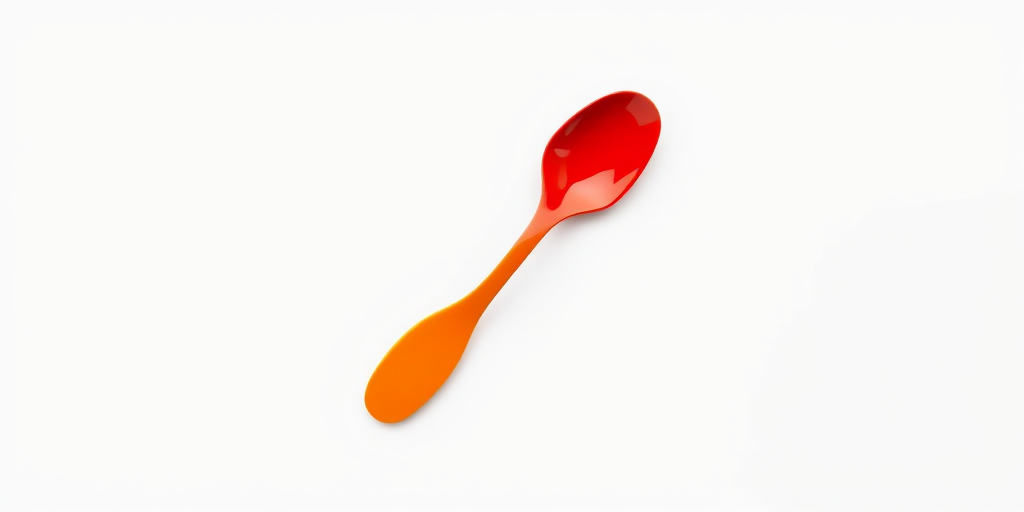 Create an image of two stylized spoons, one red and one yellow, with a clean white background, using a DSLR camera at f/2.8 aperture, 1/125 shutter speed, ISO 100, shot from a top-down view in a minimalist style.