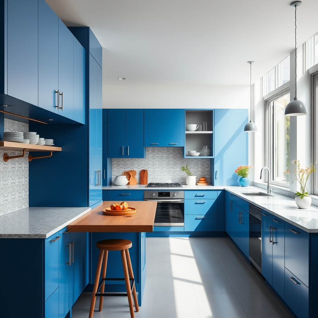 modern kitchen interior with blue cabinets and sleek design, high dynamic range imaging, 24mm lens, f/8 aperture, ISO 200, shot in natural light from large windows, wide-angle view