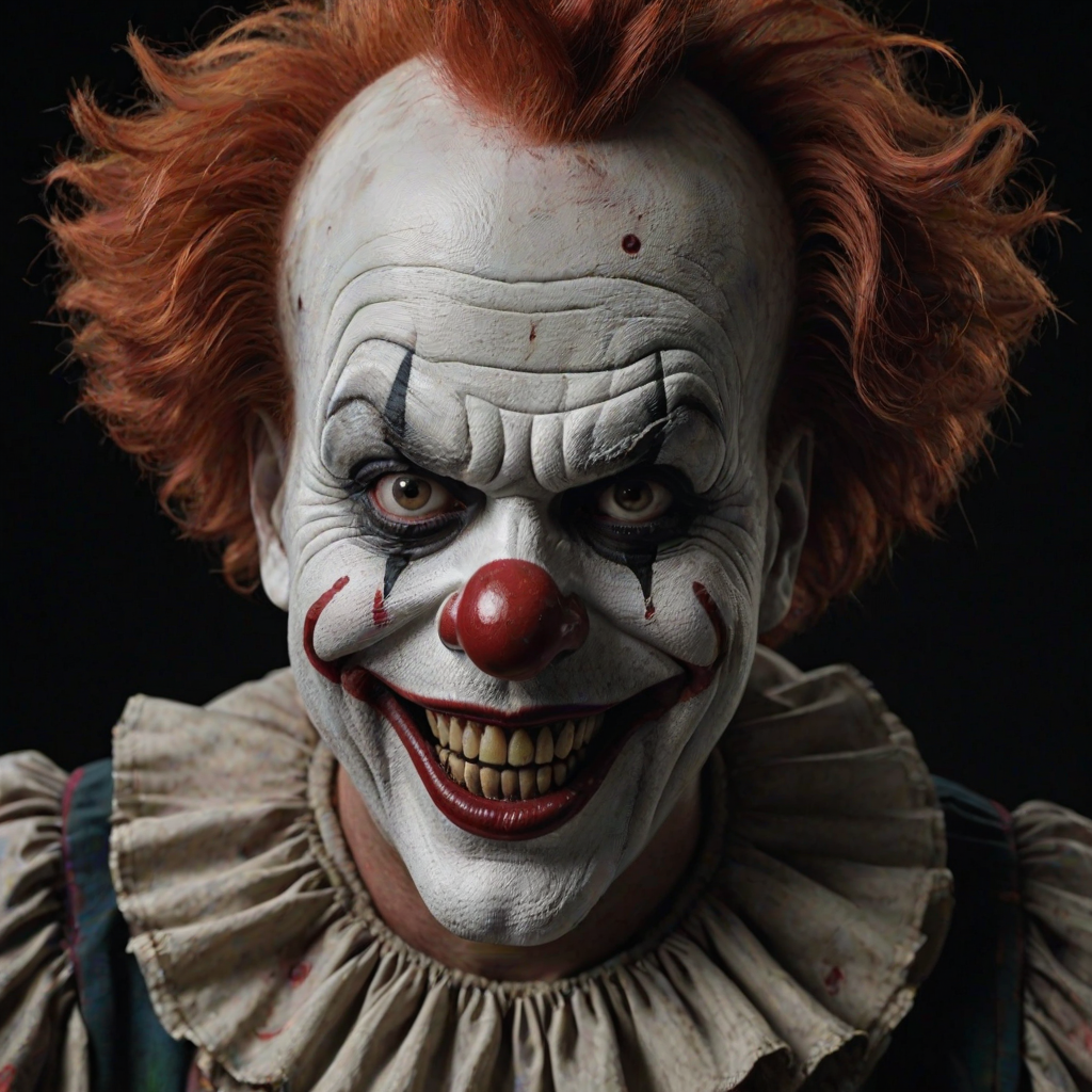 Create a hyper-realistic, dark, and eerie clown with a sinister smile, set against a black background. The clown should have exaggerated makeup with sharp, contrasting colors to enhance its menacing appearance. The overall atmosphere should be unsettling and intense, capturing a sense of horror and suspense