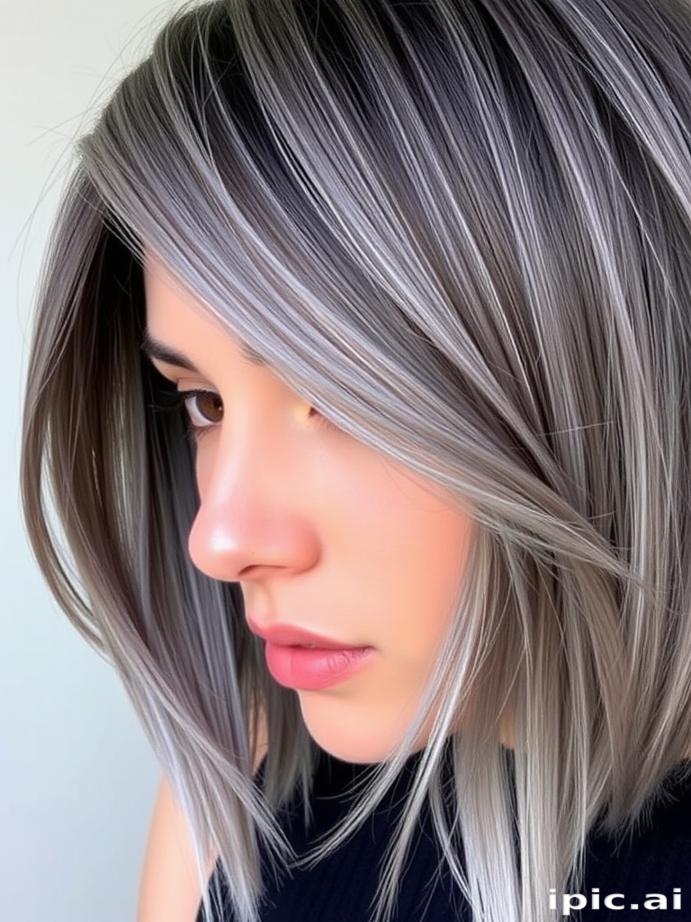 Sophisticated close-up featuring Smoky Quartz strands, a blend of cool grays and subtle lavender undertones, cut into a sharp, angled lob with side-swept bangs