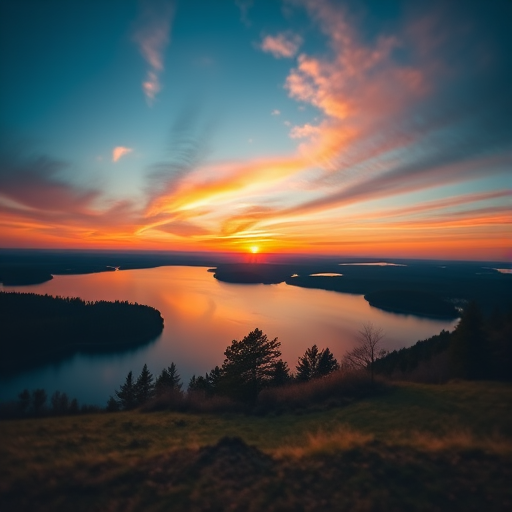 Generate an image of a serene landscape with a vibrant sunset over a calm lake, captured with a DSLR camera at f/8 aperture, ISO 100, shutter speed of 1/60s, wide-angle lens, and a slight tilt-shift effect for enhanced depth.