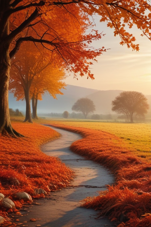 Serene Autumn Landscape with Vibrant Orange Foliage and Meandering Pathway