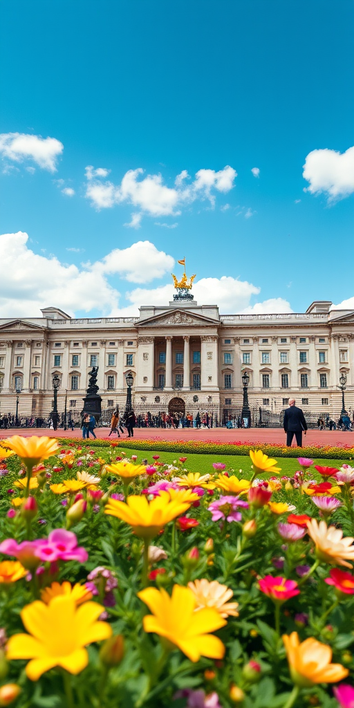 Generate an image of Buckingham Palace with a vibrant floral foreground, bright blue sky with scattered clouds, and people in the scene, captured in daylight using a DSLR camera, 24mm lens, aperture f/8, ISO 100, and a slight tilt-shift effect for depth.