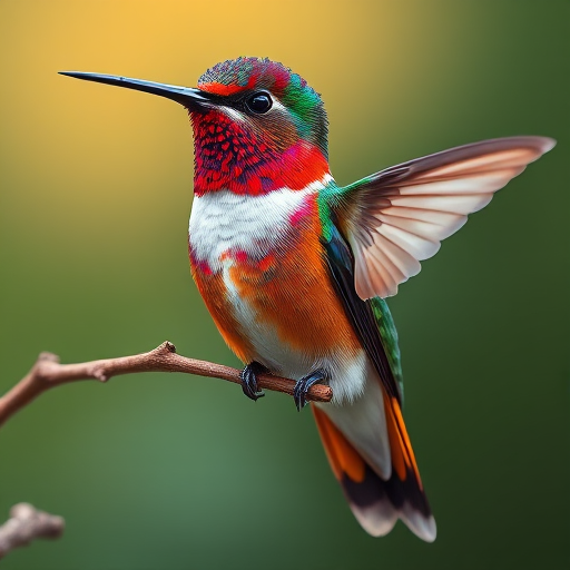 Create a highly detailed illustration of a colorful hummingbird perched on a branch, shot with a Canon EOS R5 at f/4.0, ISO 100, 1/200s, using a macro lens for a close-up view and vibrant colors to enhance the intricate feather textures.