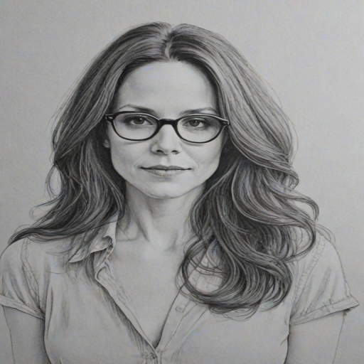 Exquisite Mary-Louise Parker, pencil sketch, portrait of Fascinating woman 1974s in glasses, hair style beatnik, outline, clear lines, fine lines, 8k