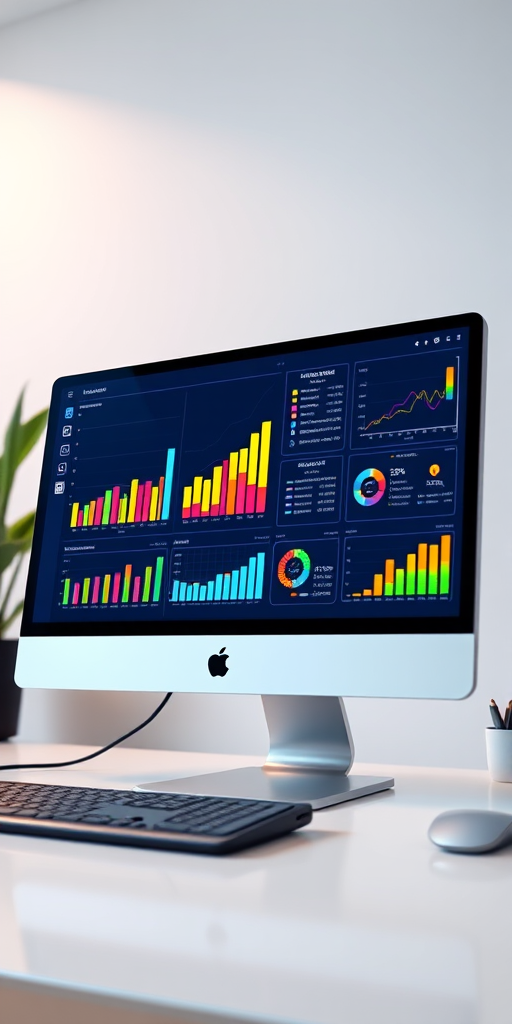 A high-resolution digital illustration of a modern desktop computer screen displaying colorful data analytics graphs and charts, showcasing a clean user interface, captured using a Canon EOS R5 with a 24-70mm lens at f/8, ISO 100, 1/200 sec, in a well-lit studio setting with a shallow depth of field.