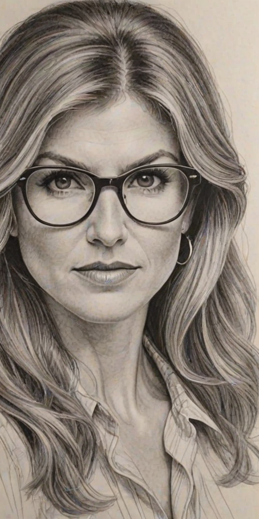 Charming Connie Britton, pencil sketch, portrait of Superb woman 1978s in glasses, hair style beatnik, outline, clear lines, fine lines, 8k