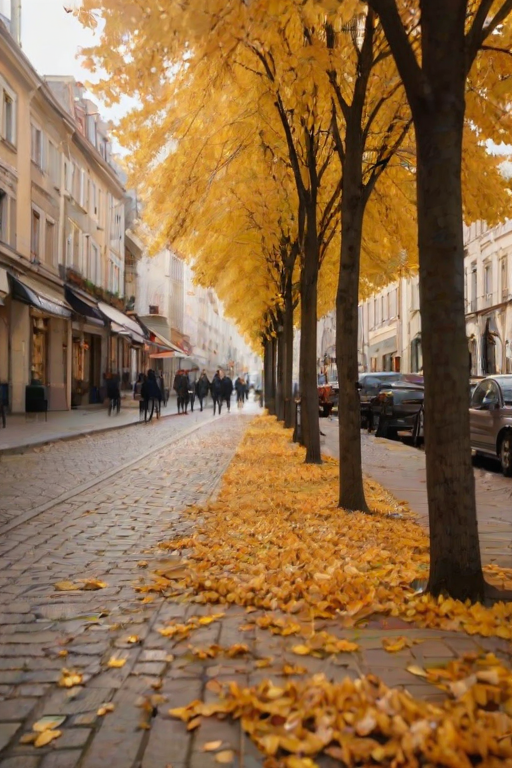 Soft-focus image of a picturesque European street during autumn, with golden leaves falling from trees, quaint cafés lining the sidewalk, and soft sunlight filtering through the branches.