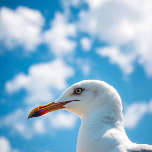 high-resolution close-up of a seagull with detailed feathers against a bright blue sky with fluffy white clouds, shot with a Canon EOS R5, 85mm lens, aperture f/2.8, ISO 100, natural lighting, shallow depth of field