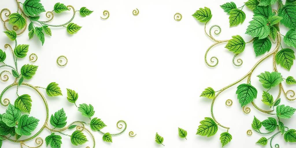 create a glittery green leafy border design with intricate vines and swirls in high resolution, using a macro lens, f/2.8 aperture, ISO 100, 50mm focal length, captured with a DSLR camera, soft natural lighting to enhance vibrancy and detail