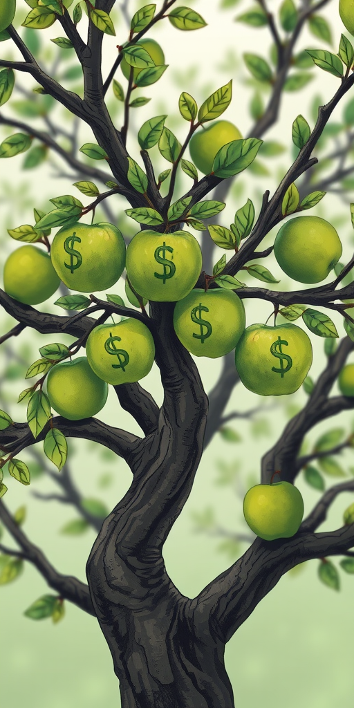 Create a detailed illustration of a tree with dark branches and green apples featuring dollar signs, shot with a DSLR camera at f/8, ISO 100, with a 50mm lens at eye level and a soft focus background for enhanced depth.