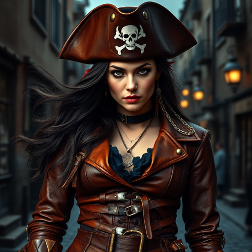 Create a portrait of a fierce female pirate. She wears a leather tricorn hat adorned with a skull and crossbones emblem, and her long, dark hair flows around her face. Her outfit consists of a richly detailed leather jacket, a corset, and multiple layers of belts and accessories, giving her a formidable and stylish appearance. She stands confidently in a dimly lit, historic port town, with a backdrop of weathered buildings and cobblestone streets, capturing the adventurous spirit of a pirate.