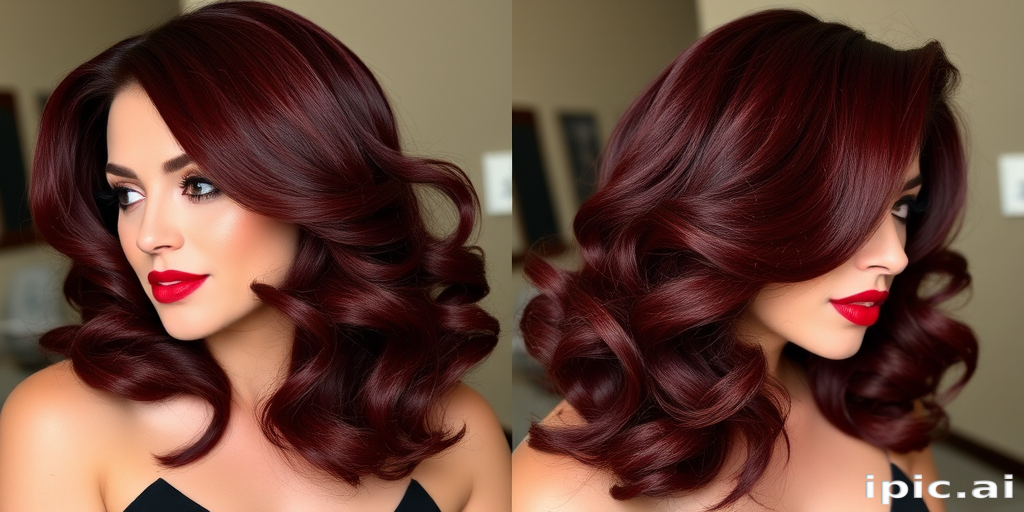 Glamorous old Hollywood waves in deep burgundy, styled with a dramatic side sweep and glossy finish, exuding vintage-inspired elegance and allure