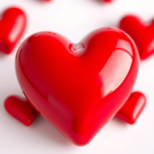 Generate a glossy red heart image with soft reflections on a white background, use a 50mm lens, f/2.8 aperture, and a shallow depth of field, taken with a DSLR camera in portrait orientation.