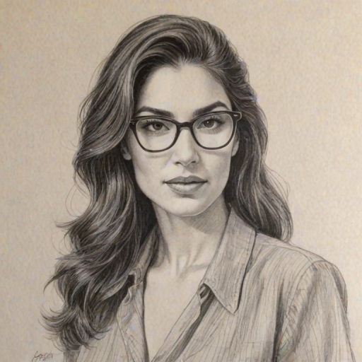 Resplendent Lela Loren, pencil sketch, portrait of Wonderful woman 1980s in glasses, hair style beatnik, outline, clear lines, fine lines, 8k