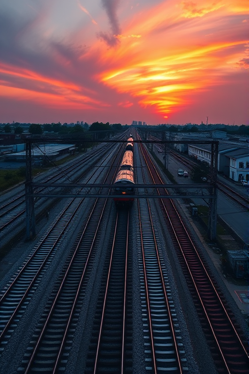 capture a vibrant sunset over a railway yard with multiple train tracks and a train passing through, use a Canon EOS R5 with a 24-70mm f/2.8 lens set at ISO 200, aperture f/8, shutter speed 1/200s, shoot from a high angle for a wide perspective and a warm color palette to enhance the mood
