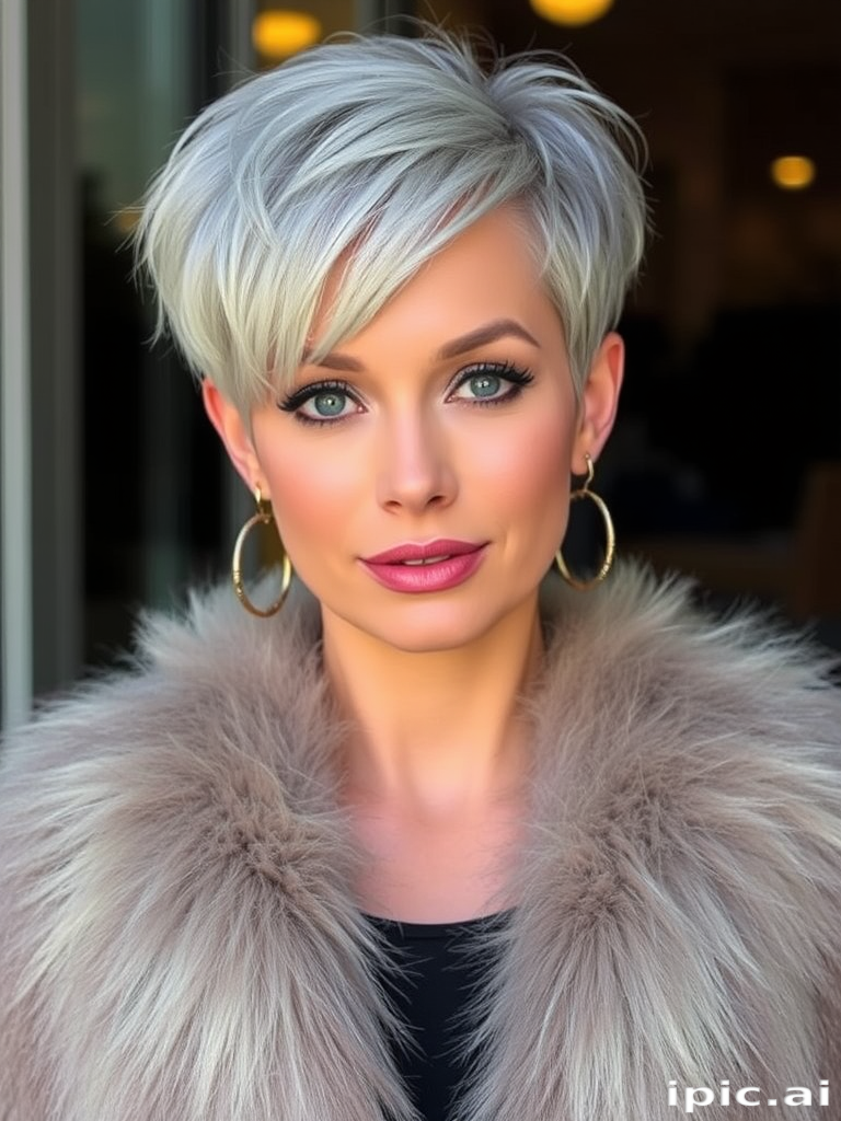 Sophisticated silver fox look with "Sterling Chic" flair boasts a textured crop and subtle highlights for distinguished appeal