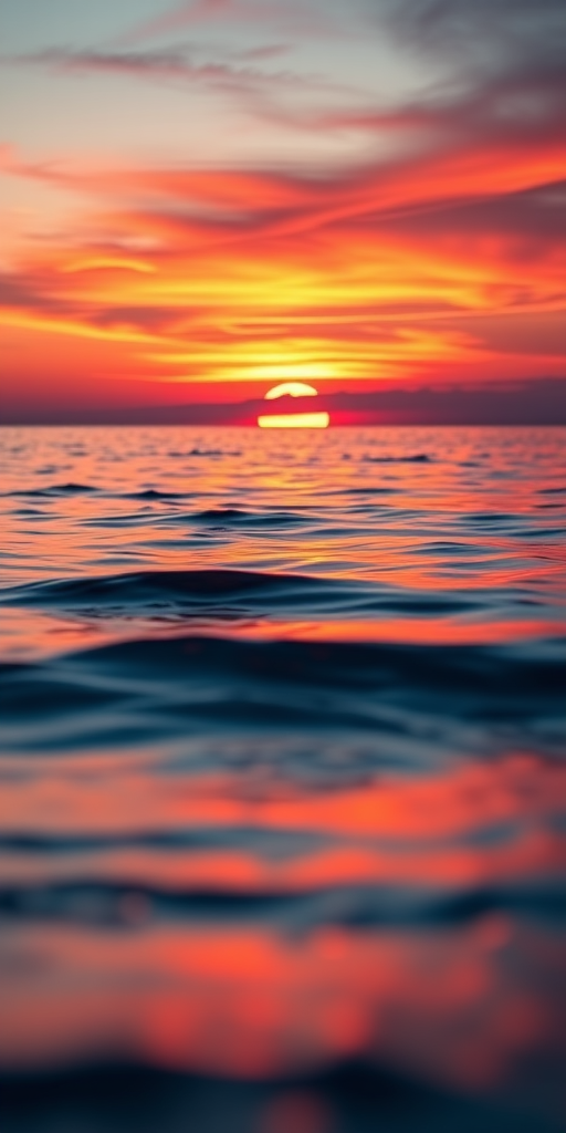 Create a detailed image of a majestic sunset over a calm sea, with vibrant colors reflecting on the water, captured using a DSLR camera at f/8, ISO 100, shutter speed 1/60s, wide-angle lens at 24mm, shot from a low angle to emphasize the horizon.