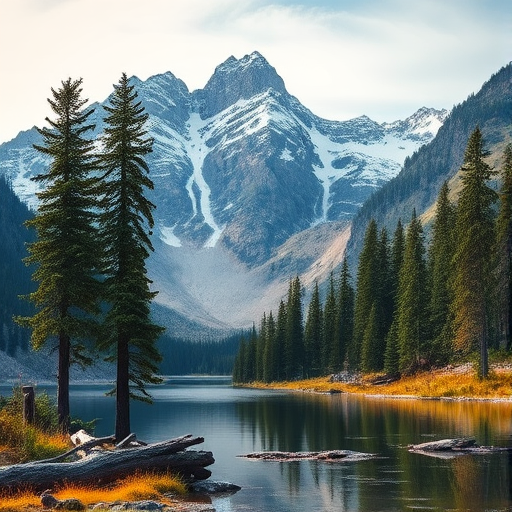 regenerate a detailed landscape image of a mountainous scene with a lake in the foreground, featuring tall evergreen trees and snow-capped peaks, use a DSLR camera with a 24mm lens, aperture f/8, ISO 200, natural lighting, focus on vibrant colors and high contrast, landscape orientation, shot from a low angle to emphasize the foreground elements.