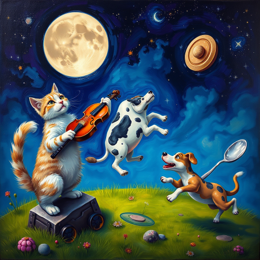 A whimsical hyper vibrant, hyper realistic and hyper detailed image of a cat and a fiddle, a cow jumping over a moon , a laughing dog, and a dish running away with a spoon, oil painting and airbrush