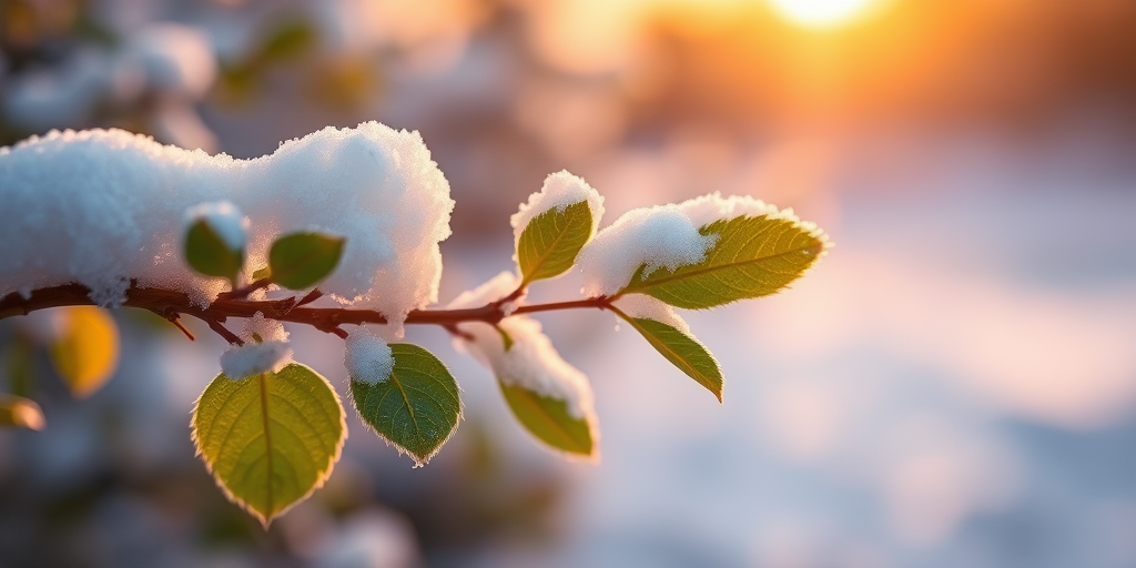 Close-up of a snow-covered branch with green leaves in a soft focus background, golden hour lighting, aperture f/2.8, shutter speed 1/250s, ISO 200, taken with a DSLR camera, macro lens, shallow depth of field.