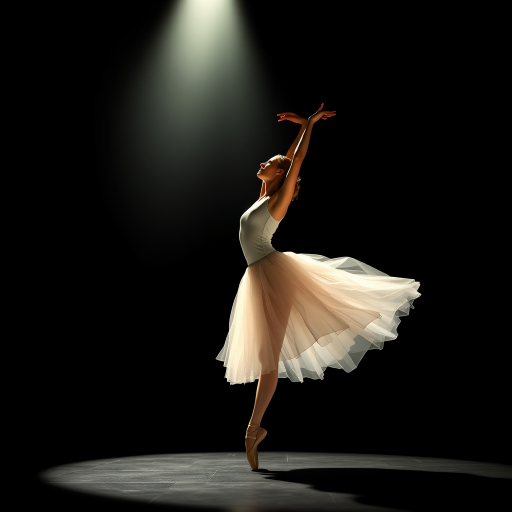 Create an artistic illustration of a ballerina dancing under a spotlight, focusing on her graceful pose; use a DSLR camera with a 50mm lens, aperture f/1.8, ISO 100, shutter speed 1/200s, in a low-light environment with a black background to enhance the contrast and highlight the dancer's movements.
