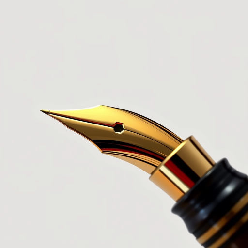 Create a high-resolution digital illustration of a fountain pen with intricate details on the nib and a flowing ink line, use a Canon EOS R5, 50mm lens, f/1.8 aperture, ISO 100, soft lighting to enhance the glossy finish of the pen and the richness of the ink.