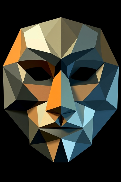 Create a high-resolution digital artwork of a geometric mask design resembling cubism using a DSLR camera at f/2.8 aperture, ISO 100, and a 50mm lens, capturing a slightly angled view with soft lighting for enhanced contrast and clarity.