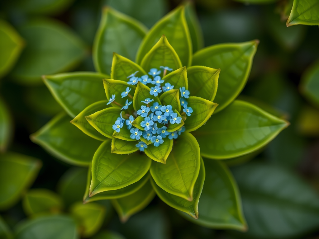 Create a vibrant depiction of a cluster of green leaves with small blue and white flowers, using a Canon EOS 5D Mark IV with a 50mm lens, aperture f/2.8, shutter speed 1/150s, ISO 100, natural light, macro view, high saturation for enhanced colors.