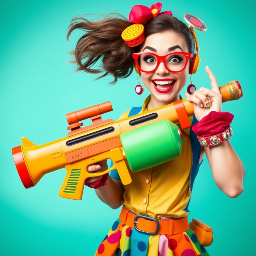 A playful woman holds a bazooka with a mischievous grin, her pose exaggerated and cartoonish. She’s dressed in a colorful, quirky outfit with oversized accessories, giving her a whimsical and fun appearance. The bazooka, although large, is designed in a cute, almost toy-like style, adding to the humorous and lighthearted vibe of the scene. The background is bright and cheerful, enhancing the overall playful atmosphere.
We share ALL our prompts in the Bing Image Prompts group: