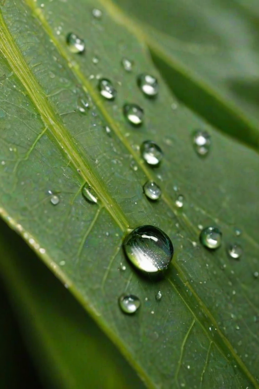 Sharp, detailed close-up of a raindrop clinging to a vibrant green leaf, soft sunlight reflecting off the water, with tiny veins of the leaf visible in intricate detail.