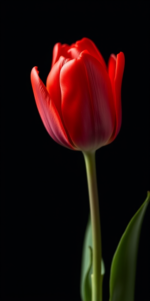 Photograph a vibrant red tulip against a dark background, using a Canon EOS R5, 50mm lens, aperture f/1.8, ISO 100, shallow depth of field, and soft focus to enhance the colors and details of the petals.