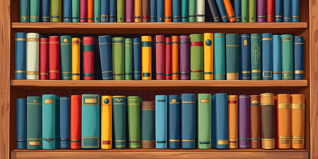 Create a detailed illustration of a wooden bookcase filled with colorful books arranged in various orientations, using a DSLR camera with a 50mm lens, aperture set to f/2.8, ISO 100, and a slight depth of field for a soft background effect.