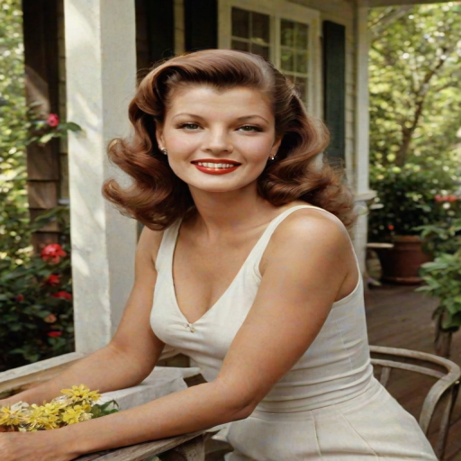 A photo of Rita Hayworth with a background of a cozy porch. She has dark hair pulled back in an updo, with tendrils framing her face. She wears a white tank top and sits on the porch. The porch is part of a well-lit home with a warm, earthy tone and colorful flowers and foliage. The overall scene has a warm, welcoming, and comfortable ambiance.