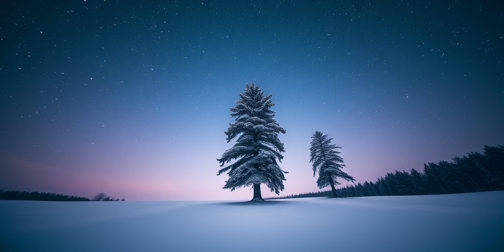 Capture a snowy landscape at night with a clear starry sky, featuring two silhouetted trees in the foreground, using a wide-angle lens (24mm), aperture set to f/2.8, ISO 3200, with a long exposure time of 20 seconds, from a low angle perspective.