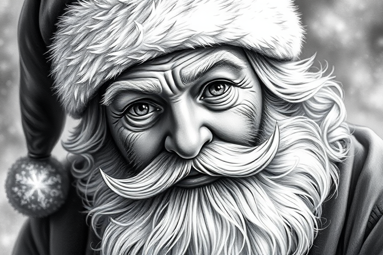 A hyperdetailed photorealistic black and white sketch of A santa with  a macro focus